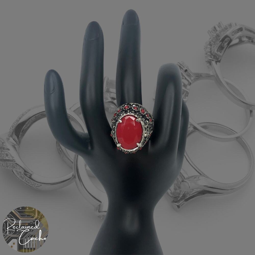 Silver and Red Rhinestone Statement Ring - Size 9